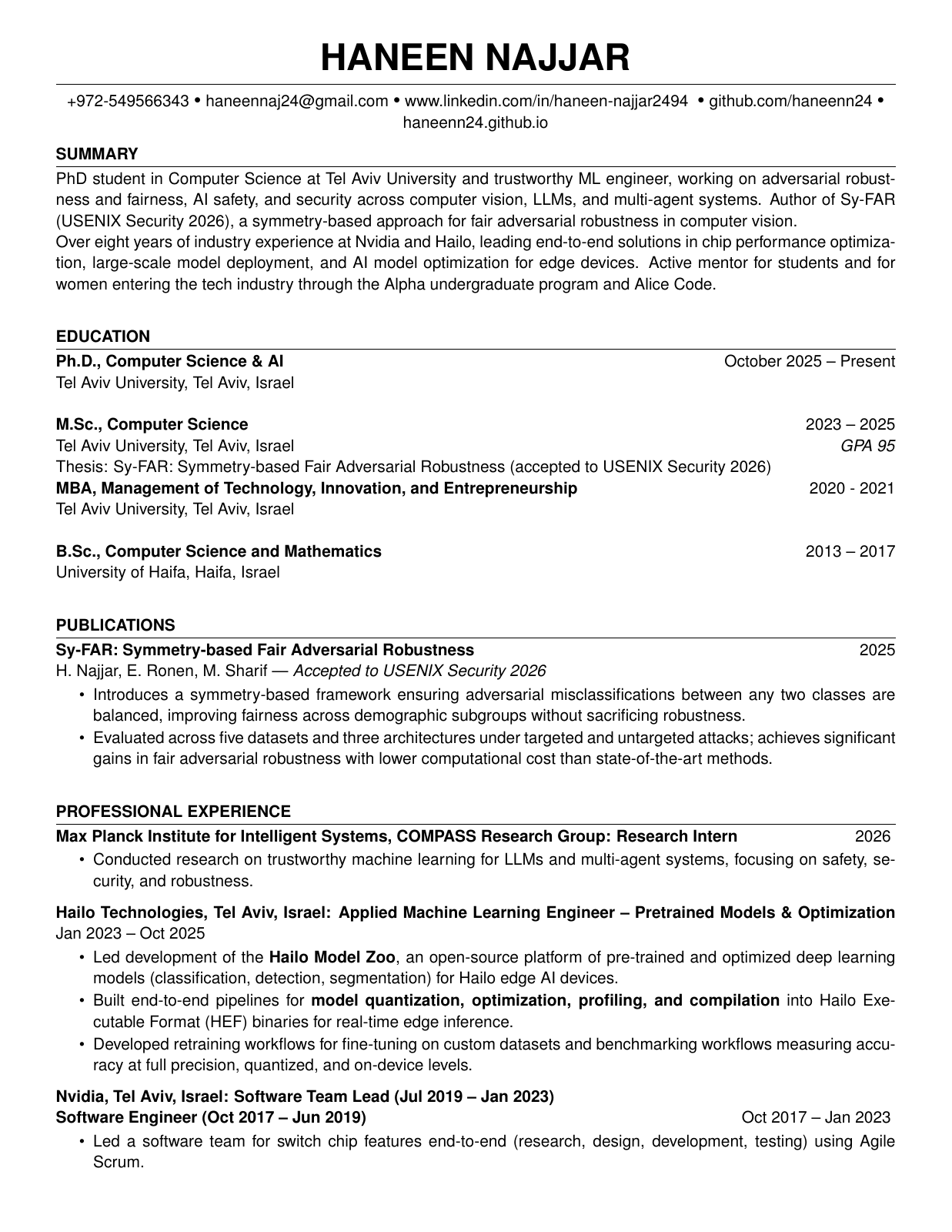 CV page 1: summary, education, publications, and professional experience. Full text available in the linked PDF.