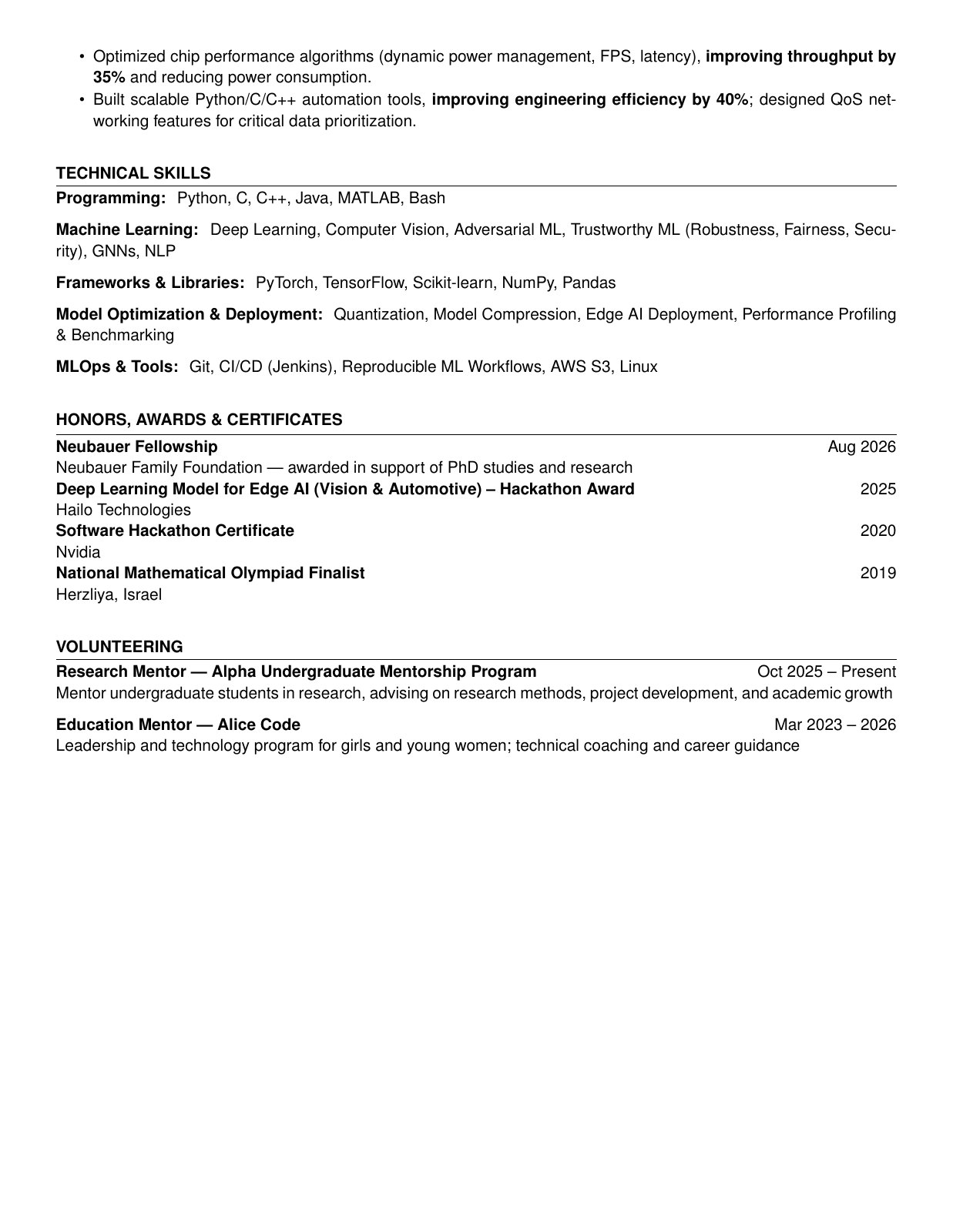 CV page 2: professional experience continued, technical skills, awards, and volunteering. Full text available in the linked PDF.